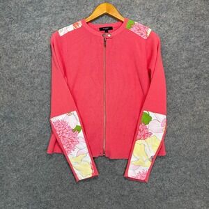 Burberry Floral Knit Cardigan Sweater Jacket Womens Large Pink Zip Snap Knit‎